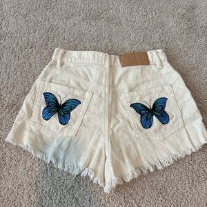 PacSun Cream Corduroy High-Waist Shorts with Blue-Green Butterfly Patches